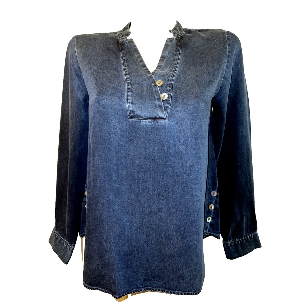 Soft Surroundings Womens XS Blue Denim Tunic Long Sleeve Side Button Top